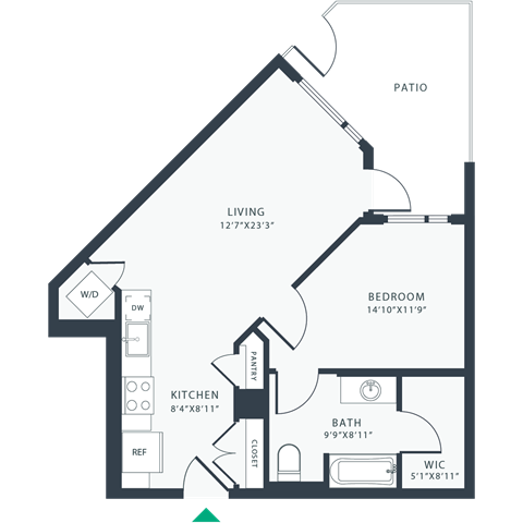 Floor plan for 1 bed, 1 bath, 713 sqft